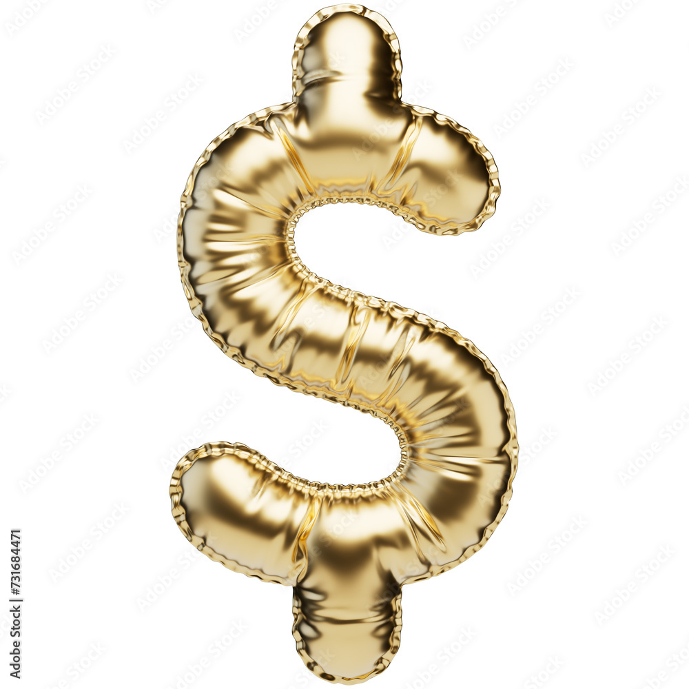 Obraz premium USD. United states dollar icon. Golden dollar sign in the shape of a balloon, isolated on a transparent background. An inflatable balloon of gold color with a glossy texture.