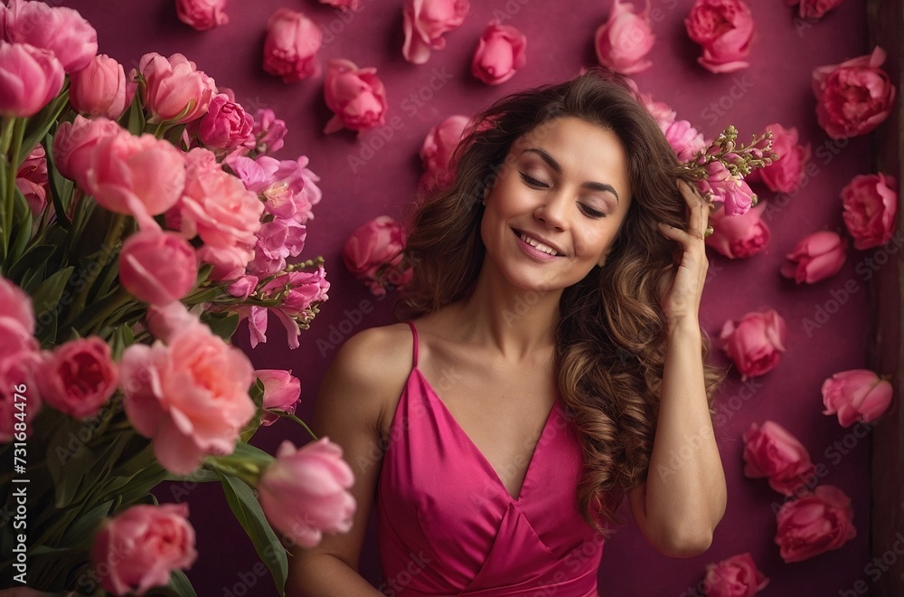 Happy woman in bright pink dress smells the bouquet of spring flowers she holds in her hand. International Women's Day.