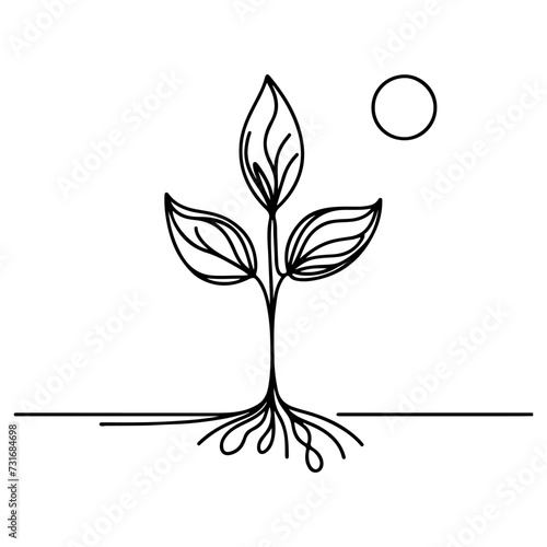 black line art tree growing sprout from planet Earth. continuous one line sketch drawing vector illustration
