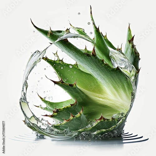 AI generated illustration of fresh aloe vera plant with a droplet of water on white background photo