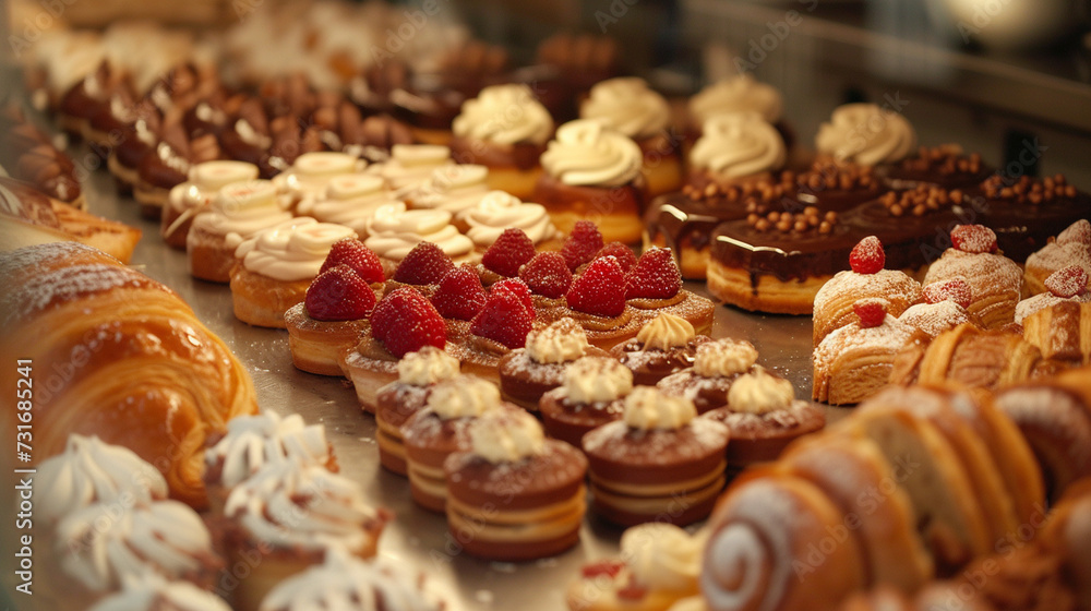 An artistic arrangement of assorted pastries in a bakery display, showcasing the craftsmanship of sweet confections
