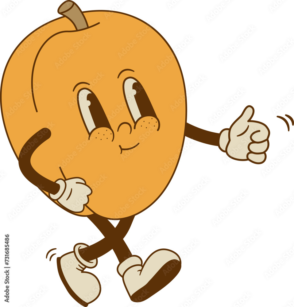 Funny apricot mascot isolated on white background. Smiling retro cartoon peach fruit character vector illustration. Funny apricot mascot isolated on white background. Smiling retro cartoon peach fruit character vector illustration.