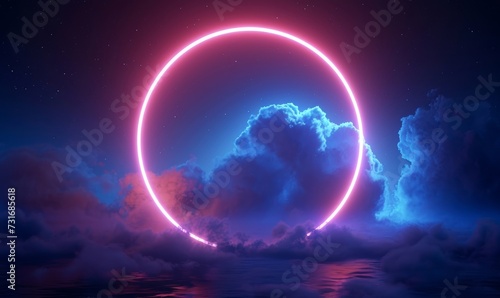 3d rendering, abstract futuristic geometric background with neon ring and stormy cloud over night sky. Round frame with copy space, Generative AI