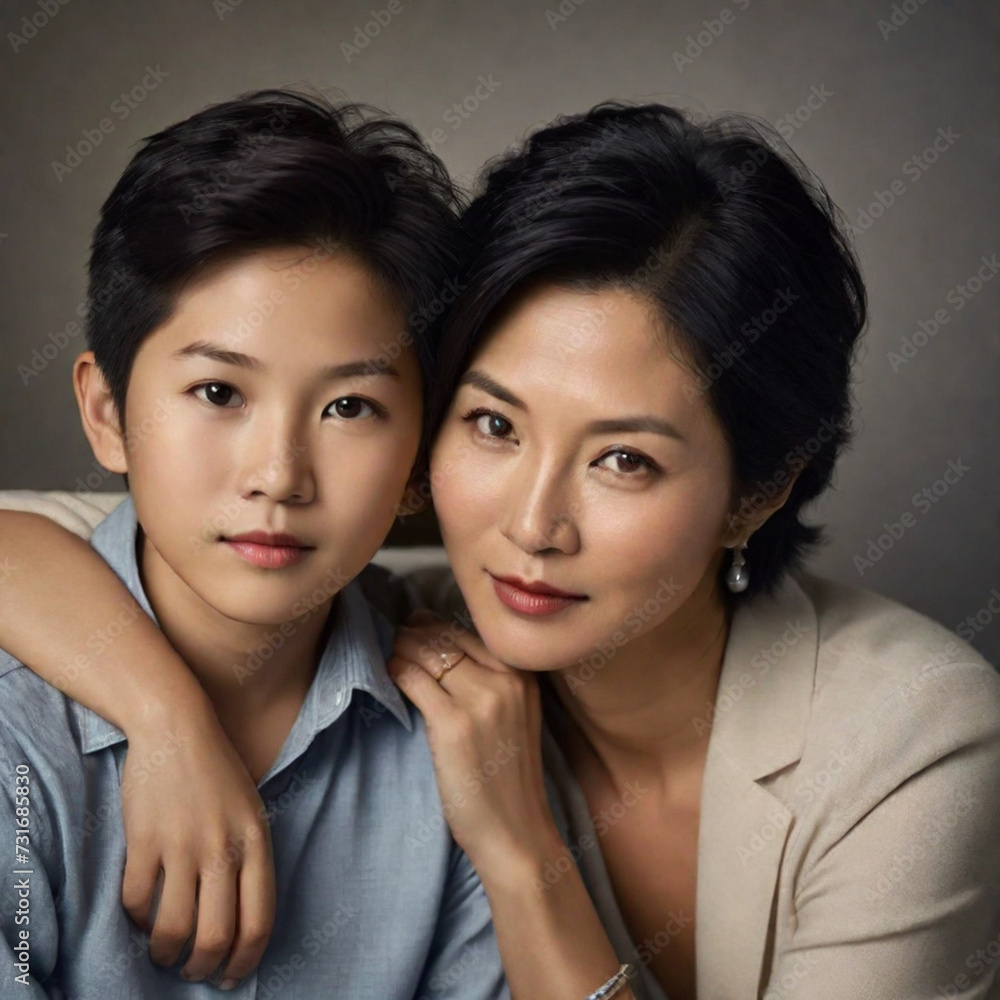 Mother and child pose side by side. Mother's day concept Mother and child pose side by side. Mother's day concept