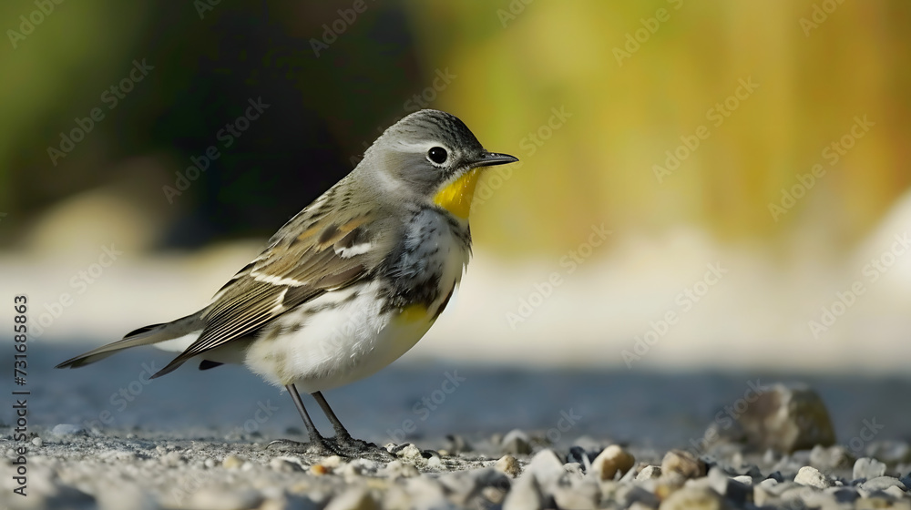 Photo of a yellow-rumped warbler standing on a gravel surface