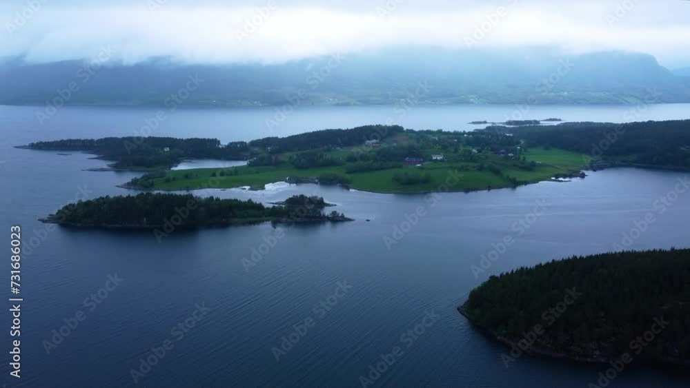 Drone view over a fjord between landscapes in Valsofjord, Norway Drone view over a fjord between landscapes in Valsofjord, Norway