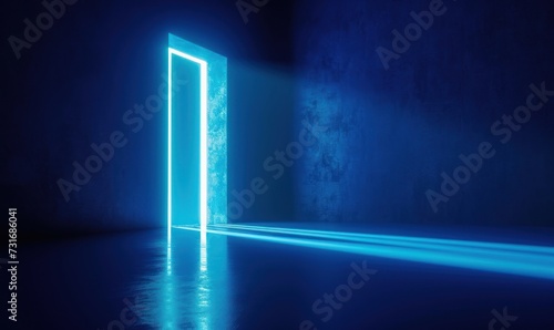 3d render, abstract blue geometric background. Bright light going through the door portal inside the empty dark room, Generative AI