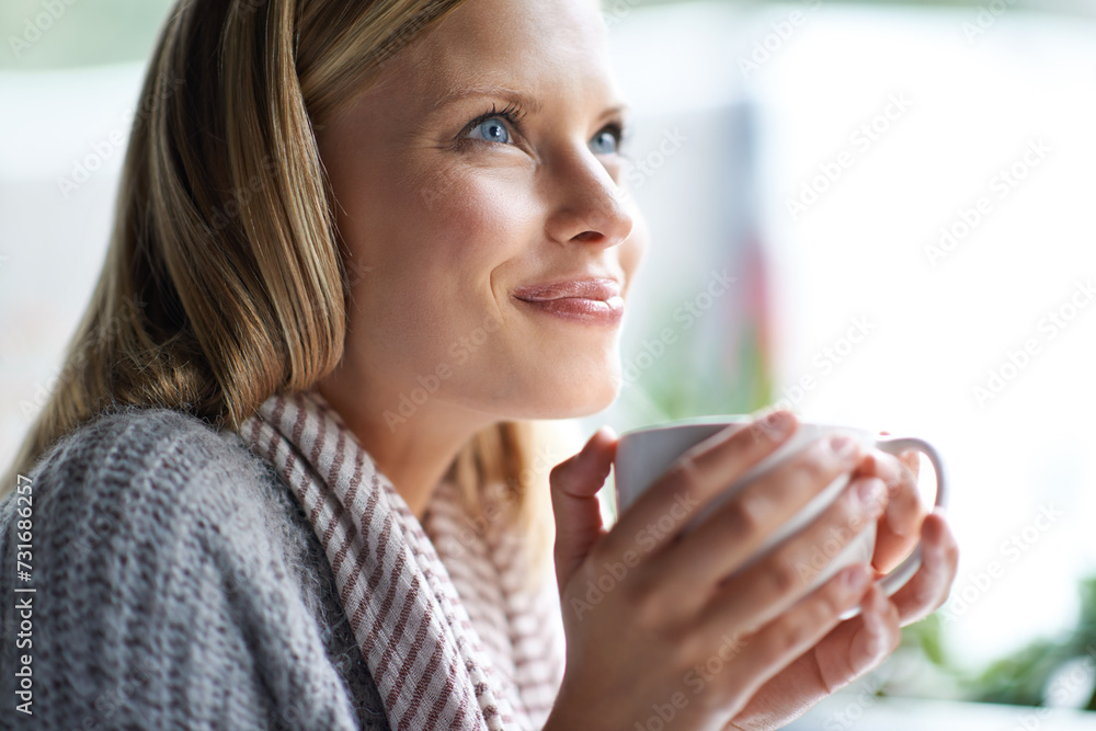 Coffee shop, happy and face of woman with drink, caffeine beverage and cappuccino for aroma. Customer, relax and person with mug in restaurant, cafe and diner for breakfast, satisfaction and wellness Coffee shop, happy and face of woman with drink, caffeine beverage and cappuccino for aroma. Customer, relax and person with mug in restaurant, cafe and diner for breakfast, satisfaction and wellness