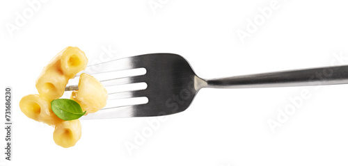 Fork with creamy macaroni and cheese isolated on white background. Mac and cheese. With clipping path. photo