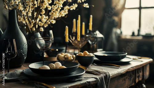 Beautiful dark colors table decoration with lace tablecloth and napkins  fresh spring flowers  silver Cutlery  wine glasses candles and black porcelain plates additionally decorated with easter eggs.