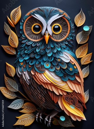 AI generated illustration of a brown-feathered owl perched on a tree branch in a natural setting