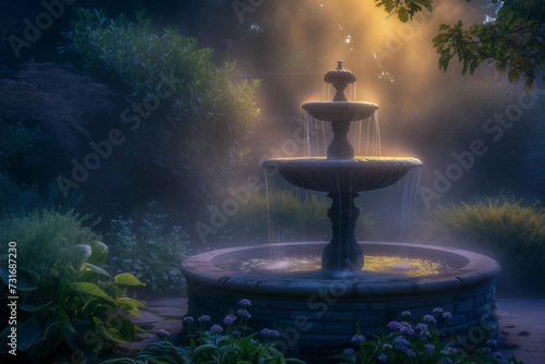  beautiful fairy tale garden, foggy, magic lights, fountain