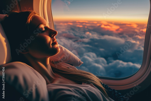 A woman relaxes on the plane while flying, on her vacation
