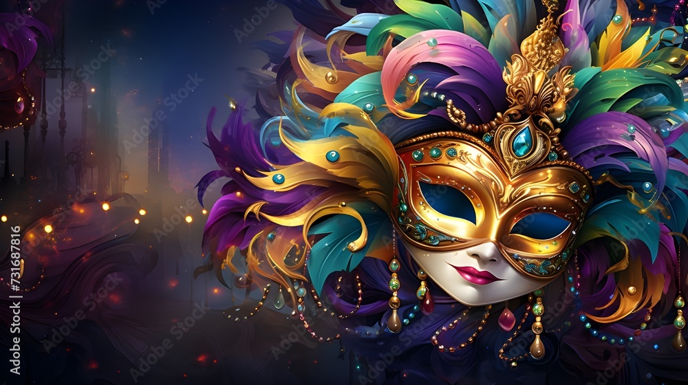 Mardi Gras Mask Costume Traditional Carnival Design Background Face generative ai
