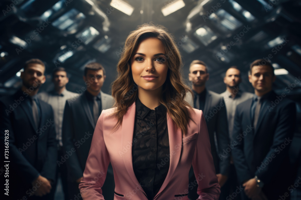 Obraz premium Leadership and Teamwork: Businesswoman Leading a Team of Men