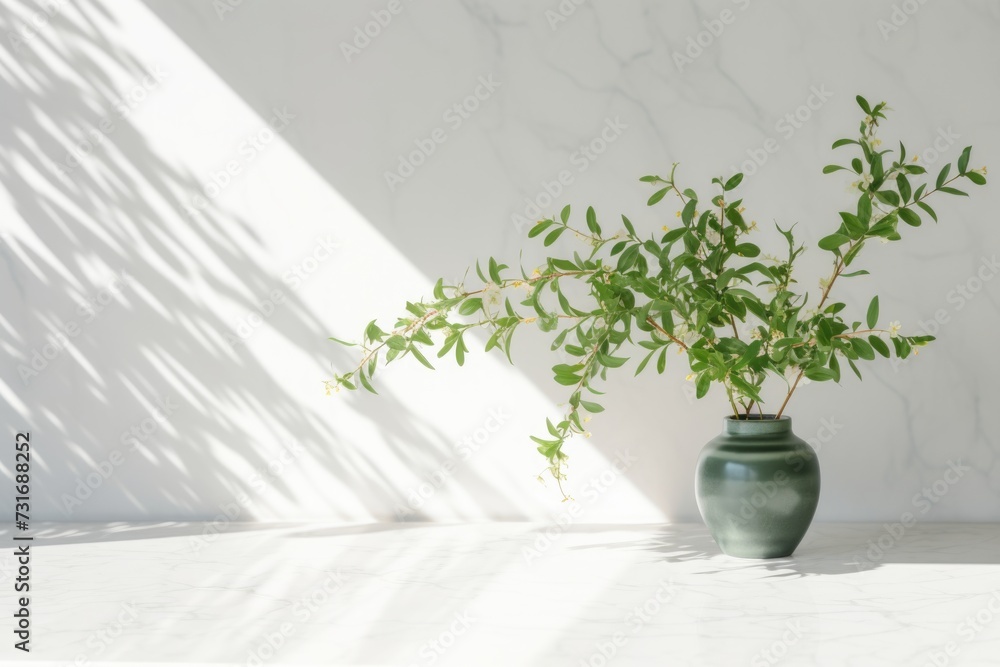 Spring sunlight on tree branch with shadow on marble wall.