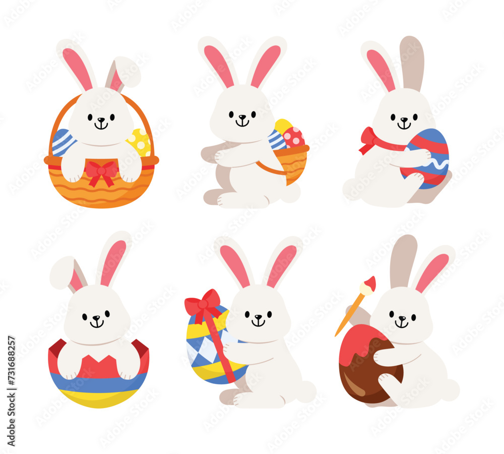 Easter Bunny Rabbit and Eggs vector illustration set isolated on white background. Egg with pattern. Cute colorful cartoon character design for seasonal holiday celebration decoration. Easter Bunny Rabbit and Eggs vector illustration set isolated on white background. Egg with pattern. Cute colorful cartoon character design for seasonal holiday celebration decoration.