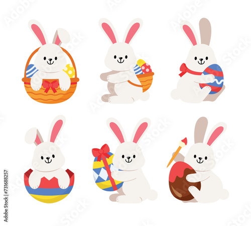 Easter Bunny Rabbit and Eggs vector illustration set isolated on white background. Egg with pattern. Cute colorful cartoon character design for seasonal holiday celebration decoration.