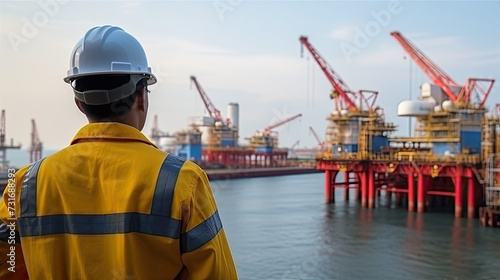 Engineer having a portrait photo with a platform offshore background.