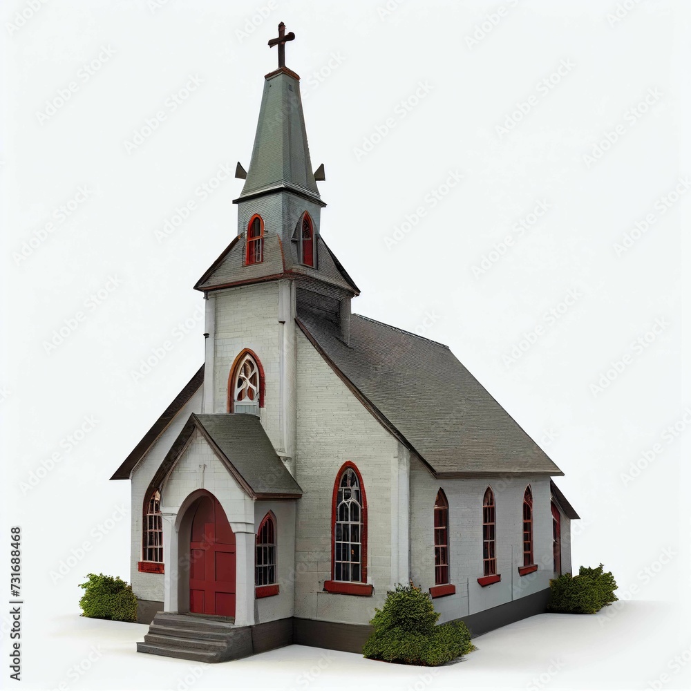 AI generated illustration of a traditional building with a steeple on the white background AI generated illustration of a traditional building with a steeple on the white background