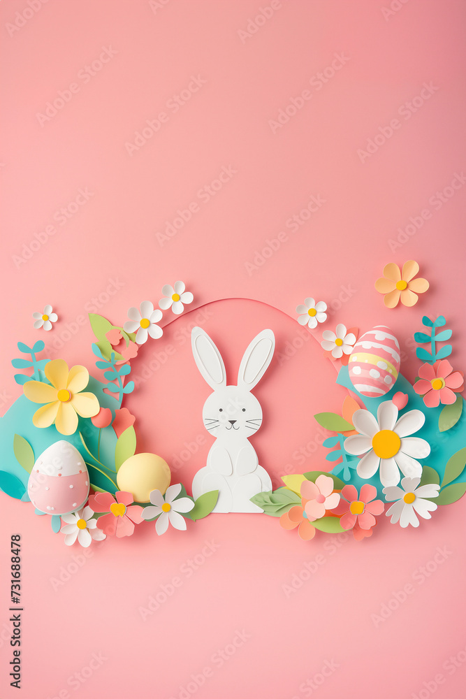 
paper cut style easter greeting card border frame with bunny, flowers and eggs. bold colorful colors