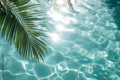  palm leaves floating on rippled blue water with sun glares © ALL YOU NEED studio