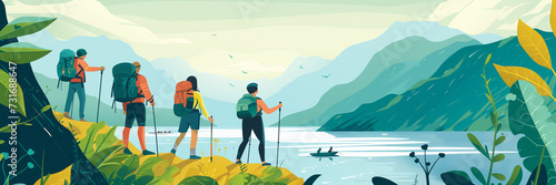 illustration template with tourists. Travel concept of discovering, exploring and observing nature. Hiking. Travelers climb with backpack and travel walking sticks. Website background. Flat landscape photo