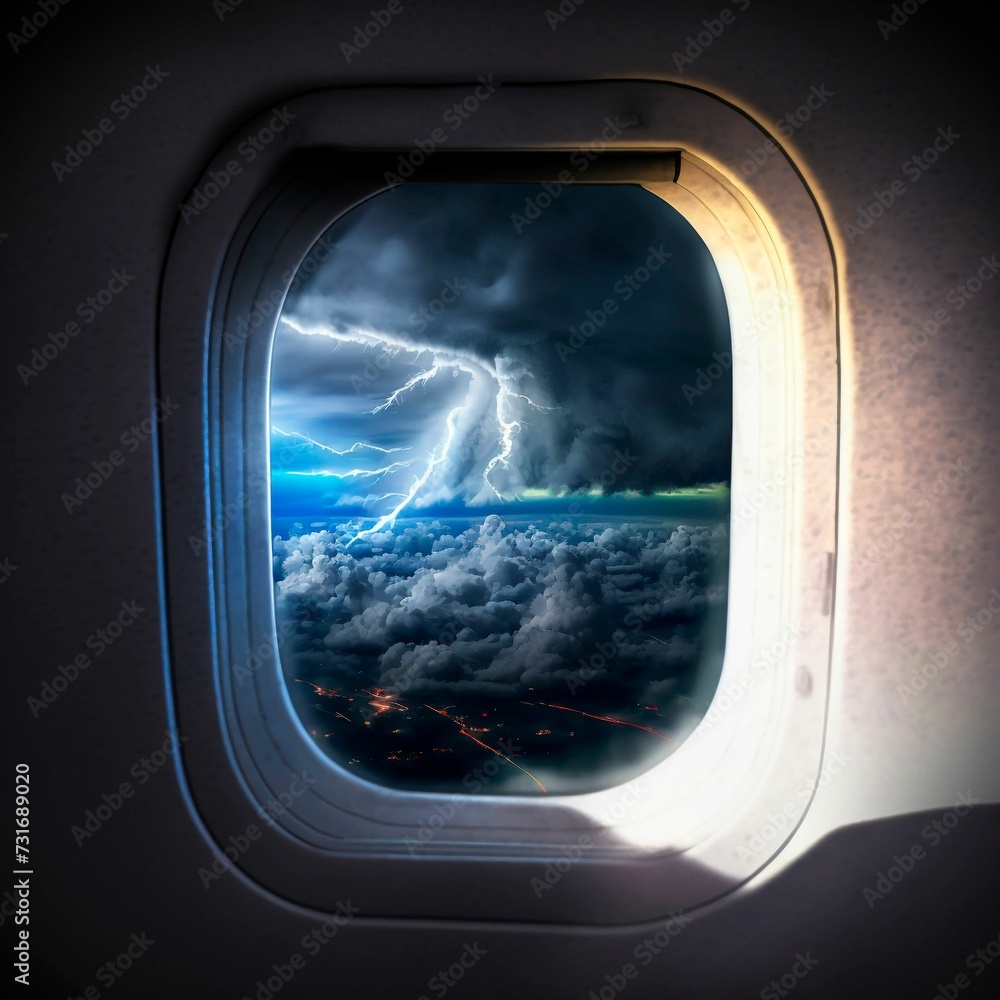 Naklejka premium AI generated illustration of a view of a plane window with clouds illuminated by lightning
