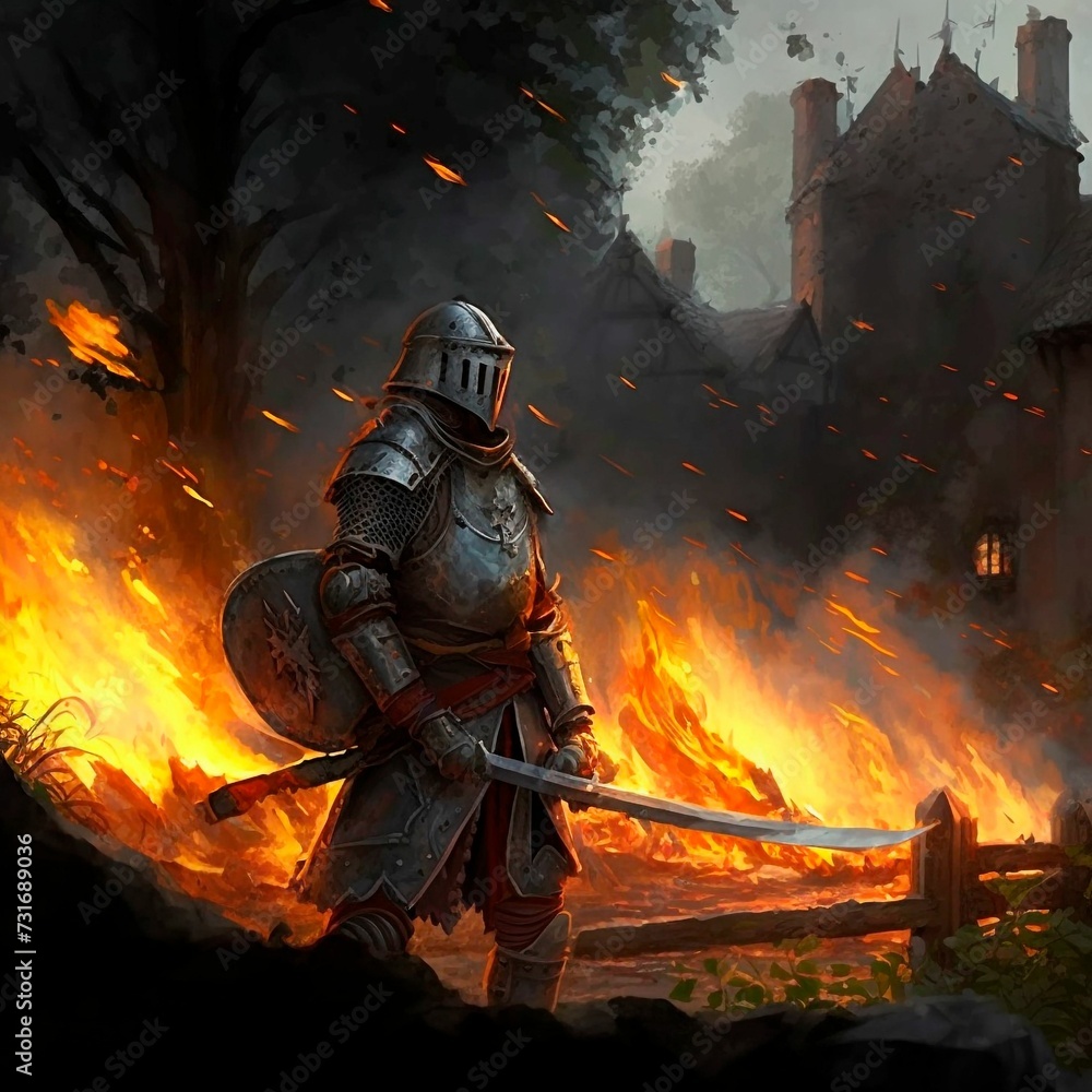 AI generated illustration of a knight in full armor and a cape standing in front of a blazing fire AI generated illustration of a knight in full armor and a cape standing in front of a blazing fire