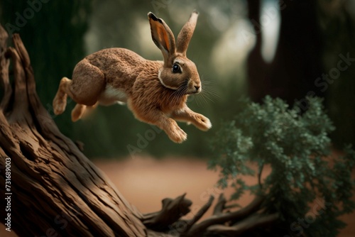 AI generated illustration of a brown rabbit running through a lush, green forest