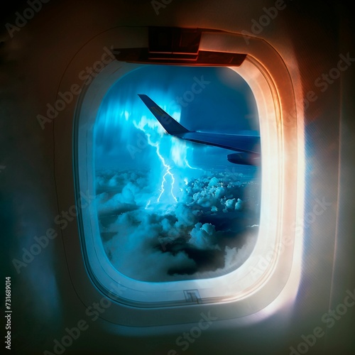 AI generated illustration of a view of a plane window with flashes of lightning
