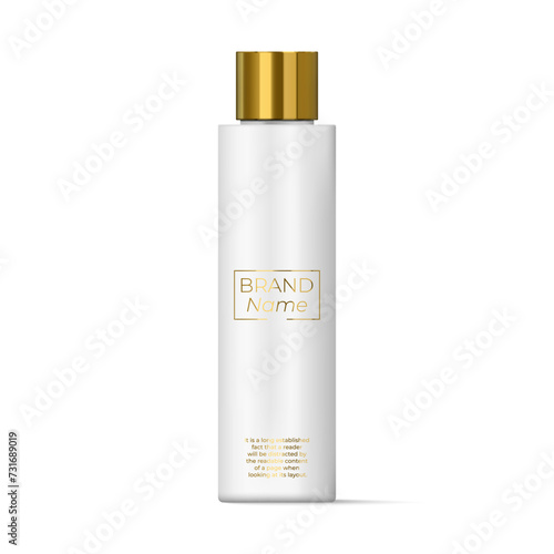 Round white plastic bottle with Golden cap for shampoo, 
shower gel, lotion, body milk. Realistic packaging mockup template. 
Side view. Vector illustration