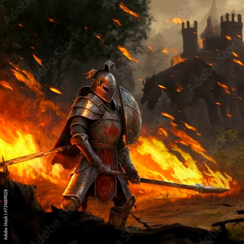 AI generated illustration of a knight in full armor and a cape standing in front of a blazing fire photo