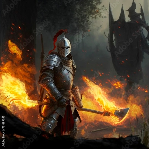 AI generated illustration of a knight in full armor and a cape standing in front of a blazing fire