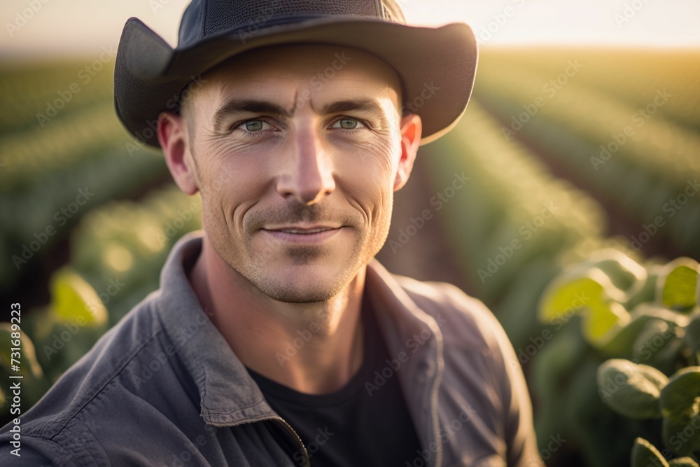 AI-generated illustration of a Caucasian male farmer in a soybean field smiling at the camera.