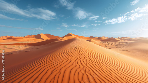 A vast desert  with dunes stretching into the horizon as the background  during a scorching midday
