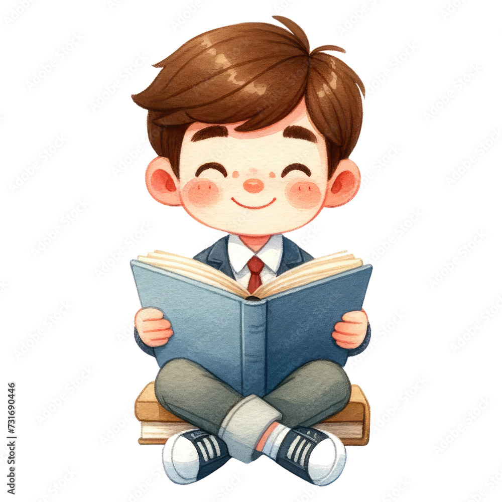 Watercolor cute schoolboy reading a book. Back-To-School Concept. School elements clipart.