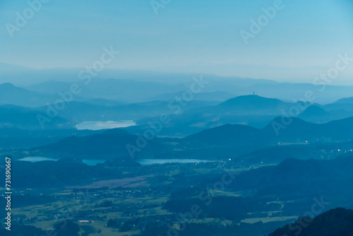 Scenic morning view from Dreilaendereck on Pyramidenkogel and Kathreinkogel in Karawanks in Carinthia, Austria. Borders between Austria, Slovenia, Italy. Looking at Rosental valley © Chris