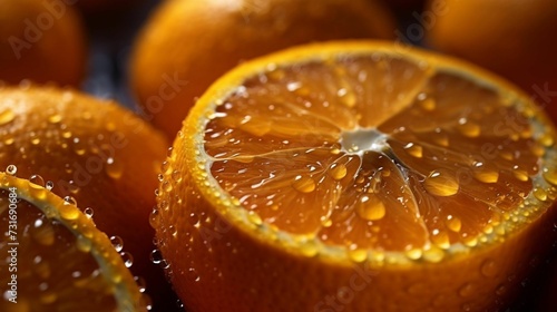 Close-up of cut juicy oranges with glistening water drops. AI-generated.