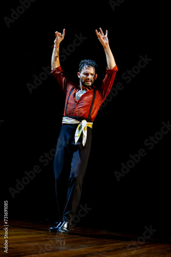 Flamenco dancer's passionate raise of arms on stage, copy space.