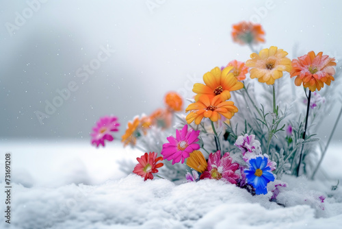 Vibrant Flowers Blooming Proudly Amidst the Snow. The Colorful Flowers Breathe Life into the Snowy Landscape.