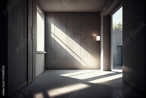 AI generated illustration of the interior of an abandoned building illuminated by natural light photo