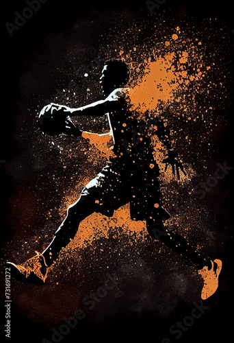 AI generated illustration of an athletic basketball player in midair against a black background