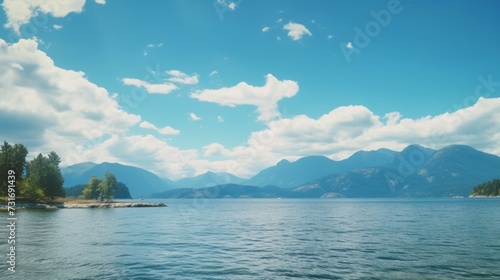 Establishing shot of ocean view with mountains, blue sky and white clouds in slow motion at summer day in Vancouver, Canada, North America 
