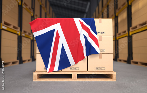 Crate boxes on wooden pallets with United Kingdom flag, Cartons Cardboard Boxes in the warehouse. 3D illustration