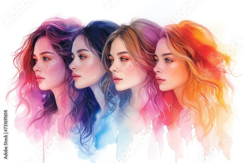 Illustration of four women with gradient watercolor hair in shades from purple to orange representing a beautiful spectrum