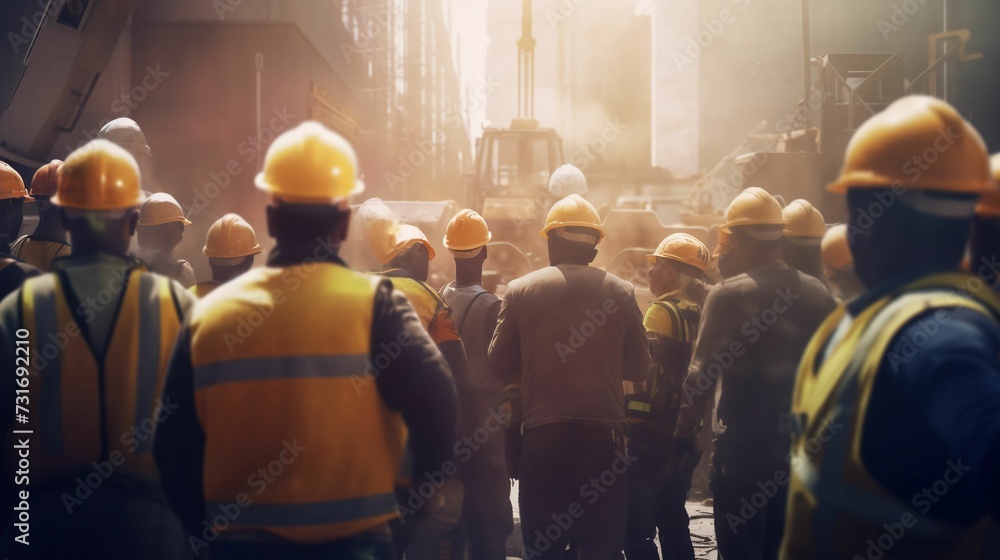 Group of construction workers standing together on a construction site ...