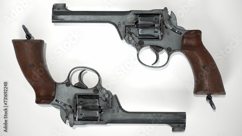 Obraz na plátně Top view of two guns displayed on a white background.