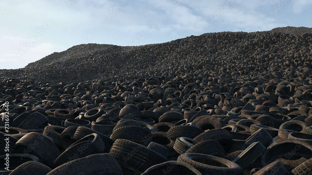 Obraz premium Industrial landfill of old used tires. Heaps of waste tires.