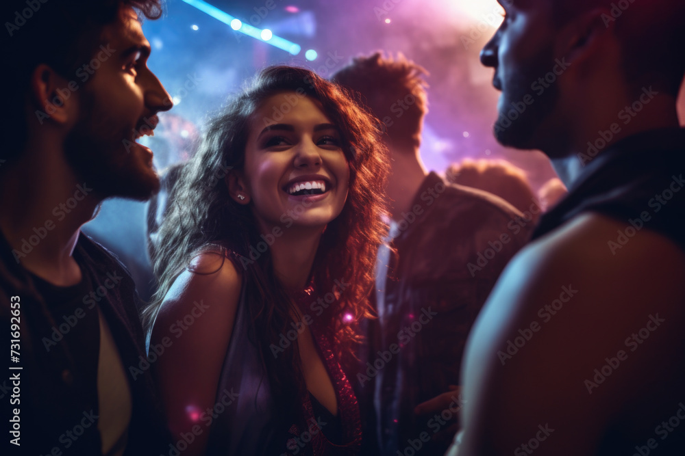 Dance, night and disco with woman at party for club, celebration and energy. Concert, music and rave with girl dancing in crowd for new year, freedom and entertainment at dj festival event